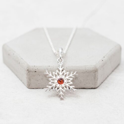 Dainty Amber Snowflake Pendant Necklace Silver Snowflake Charm Necklace White Snowflake Pendant Necklace Small Snowflake Necklace