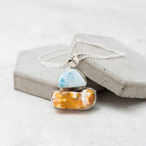 Larimar and Amber Pendant Necklace Blue Larimar Necklace Butterscotch Amber Pendant Sterling Silver