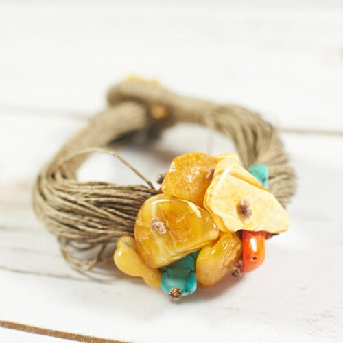 Genuine Natural Baltic Amber Bracelet Linen Honey White Turquoise Red Coral Rustic Amber Clasp Handmade Valentines Gift Luxury Rustic Gift