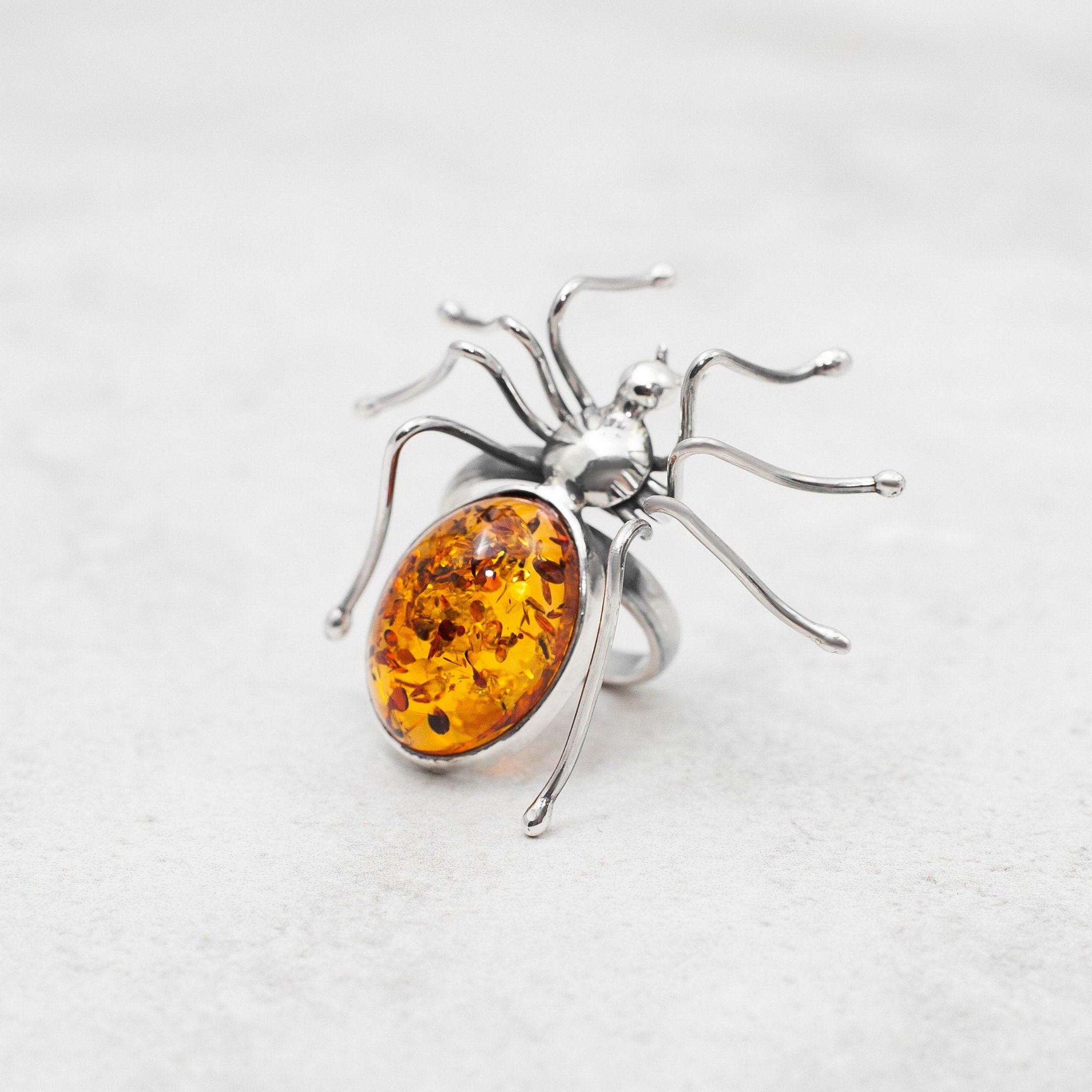 Spring Large Amber Ring Baltic Amber Spider Ring Sterling Silver Ring Spider Adjustable Ring Amber Gift for Her Genuine Amber Jewellery - Image 3
