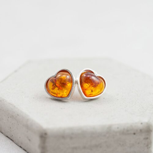 AMBER HEART Baltic Amber Stud Earrings Amber Heart Sterling Silver Stud Earrings Natural Amber and Sterling Silver Stud Earrings