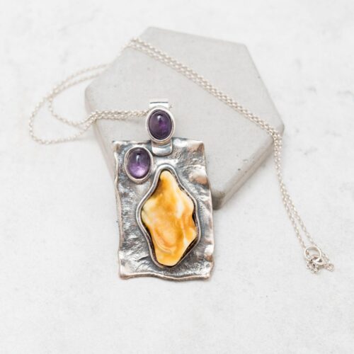 Baltic Amber Pendant Necklace Silver Amethyst Necklace Spiritual Awareness Stone Statement Necklace
