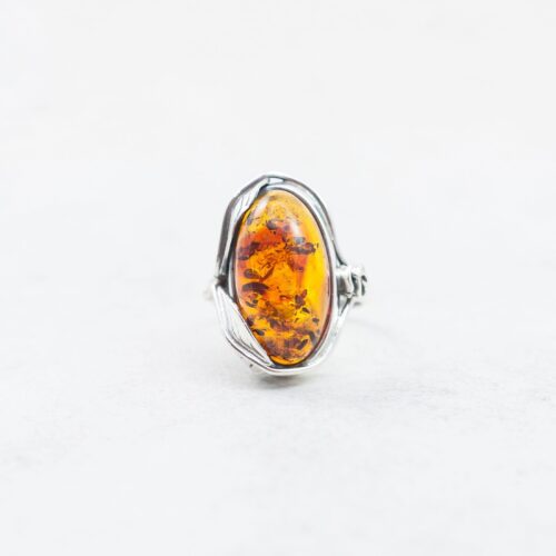 Natural Baltic Amber Ring Cognac Amber Ring Classic Amber Ring Genuine Amber Engagement Ring Handmade Sterling Silver Ring Leaf Spring