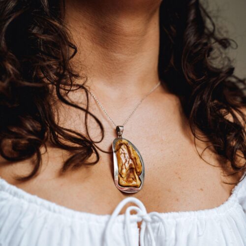 Raw Amber Pendant Necklace Unpolished Baltic Amber Necklace Silver Chain Large Amber Pendant Natural