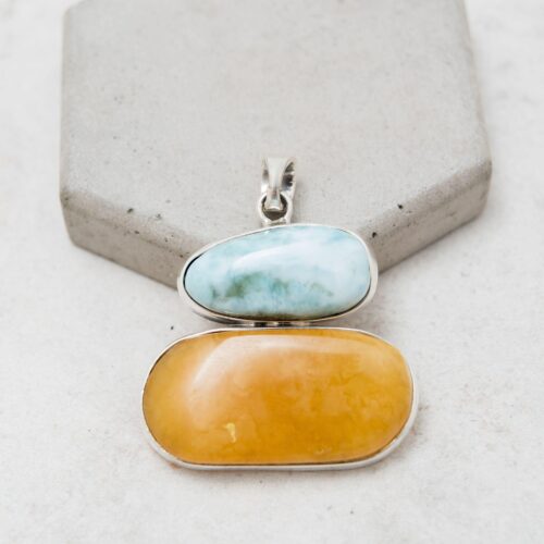 Blue Larimar Necklace Baltic Amber Pendant Necklace Solid Silver Amber Necklace Egg Yolk Amber