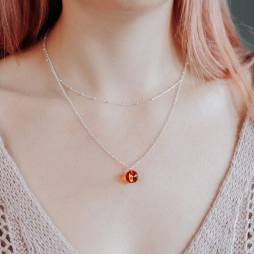 Baltic Amber Pendant Necklace Sterling Silver Layered Necklace Set Natural Amber Bead Necklace Genuine Amber Beaded Necklace  Gift for Her
