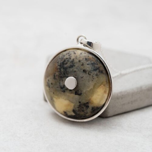 Black and White Amber Pendant Necklace Round Amber Disc Pendant Raw Amber Stone Necklace Matt Amber