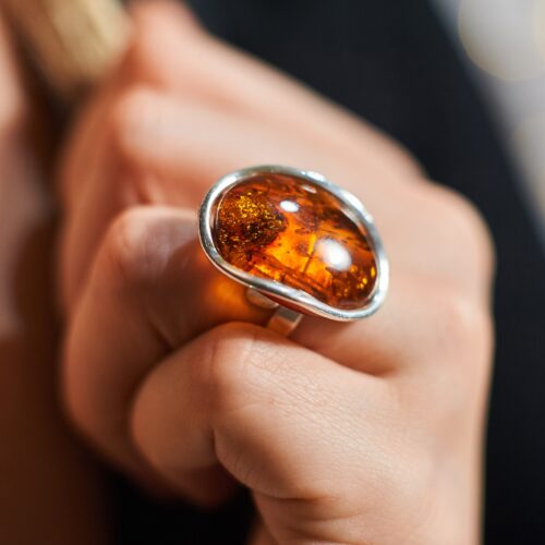 Natural Baltic Amber Ring Cognac Amber Unique Ring Sterling Silver Ring Bronze Brown Amber Stone Adjustable Size Summer Gift Posh