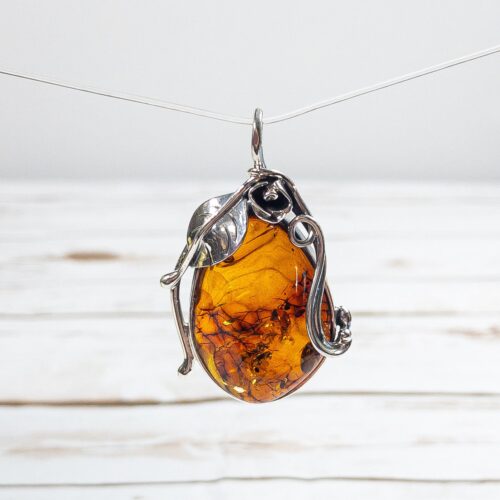 Baltic Amber Pendant Natural Cognac Amber Stone Handmade Amber Pendant Unique Leaf Sterling Silver Frame Brown Amber Pendant Summer Gift