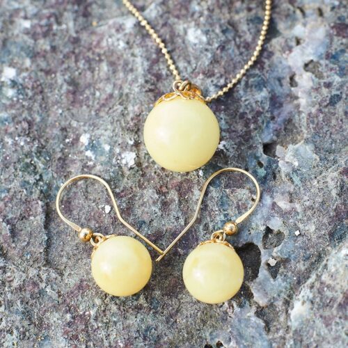 Natural Baltic Amber Set Amber Earrings Amber Pendant White Amber Beads 14k Gold Plated Sterling Silver Jewelry Set 925 Silver Autumn Gift