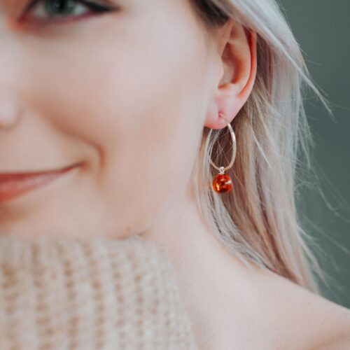 Baltic Amber Hoop Earrings Silver Hoop Earrings Chunky Hoop Earrings with Charm Big Hoop Earrings Hoop Dangle Earrings Huggie Hoop Earrings