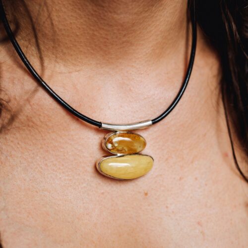 Two Stones Amber Necklace Honey Natural Baltic Amber Stone Pendant Necklace Butterscotch Amber
