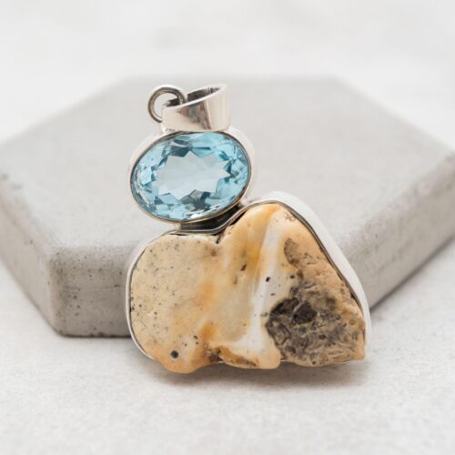 Elegant Blue Topaz Pendant Necklace Natural Baltic Amber Pendant Handmade Jewellery November