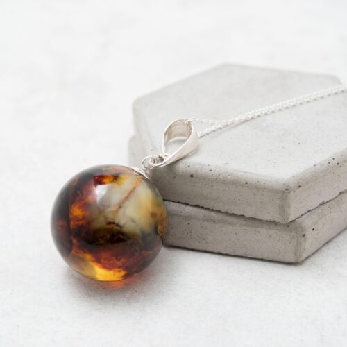 Round Amber Pendant Necklace Baltic Amber Bead Necklace Black Amber Silver Necklace Modern Black