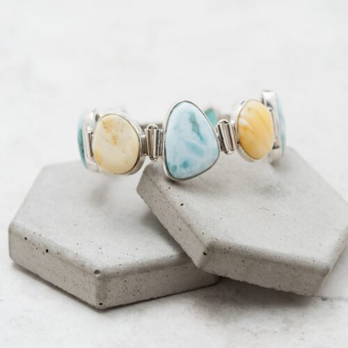 Exclusive Baltic Amber & Larimar Statement Bracelet | Natural Larimar & Sterling Silver Jewelry | Unique Gift for Her